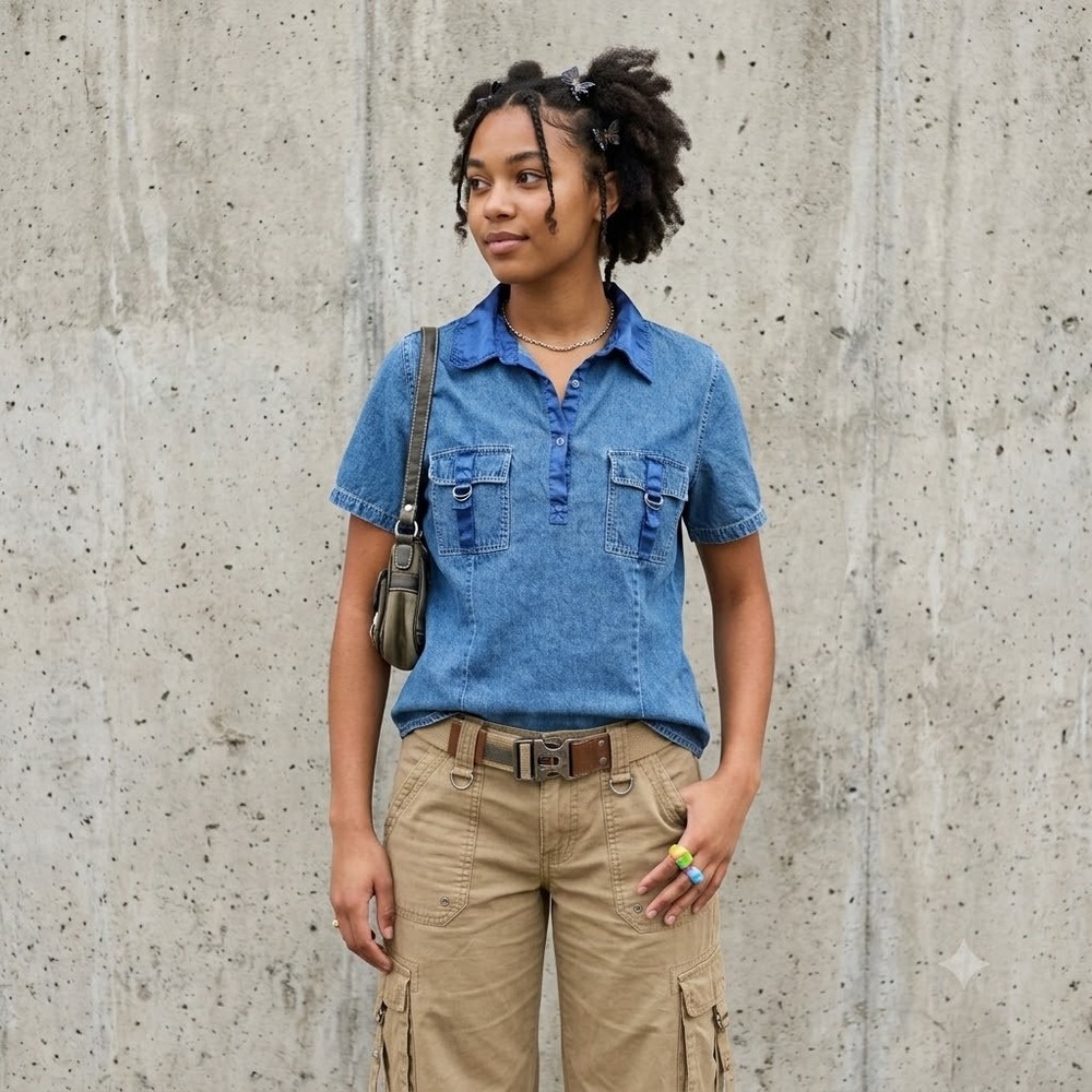 Denim & Co Short Sleeve Shirt Womens Medium Blue Vintage 90s Cotton Utility Snap